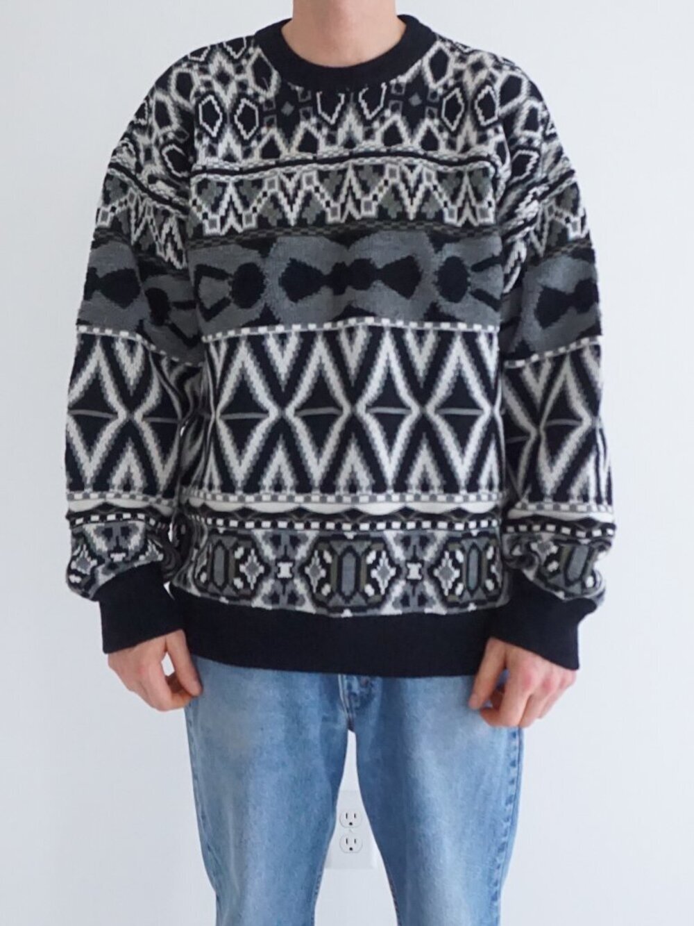 Vintage '80s Talal Shabarek Black Gray Geometric Nordic Knit Sweater Classic XL